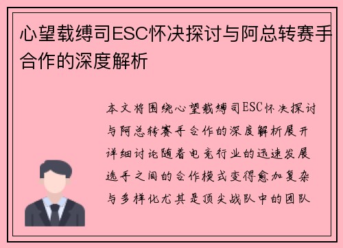 心望载缚司ESC怀决探讨与阿总转赛手合作的深度解析