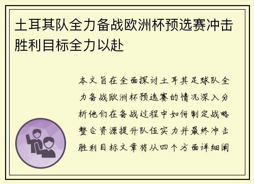 土耳其队全力备战欧洲杯预选赛冲击胜利目标全力以赴