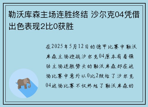 勒沃库森主场连胜终结 沙尔克04凭借出色表现2比0获胜