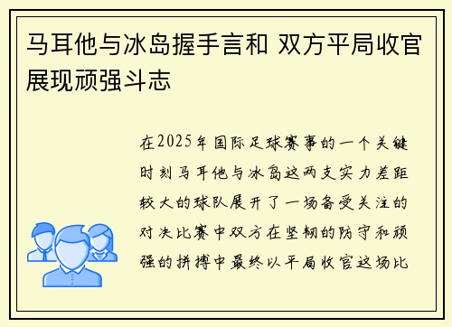 马耳他与冰岛握手言和 双方平局收官展现顽强斗志