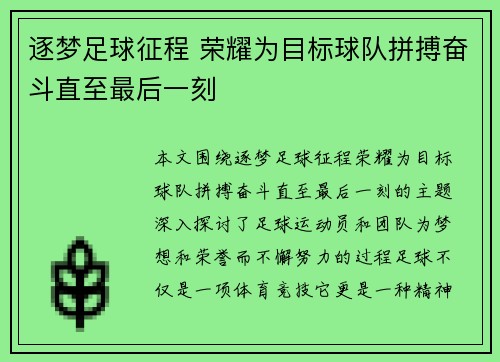 逐梦足球征程 荣耀为目标球队拼搏奋斗直至最后一刻