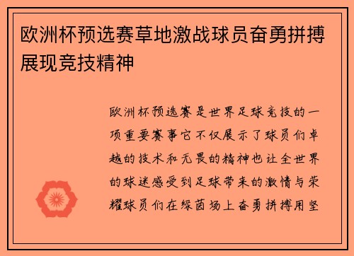 欧洲杯预选赛草地激战球员奋勇拼搏展现竞技精神