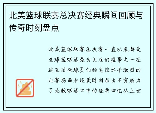 北美篮球联赛总决赛经典瞬间回顾与传奇时刻盘点