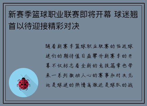 新赛季篮球职业联赛即将开幕 球迷翘首以待迎接精彩对决