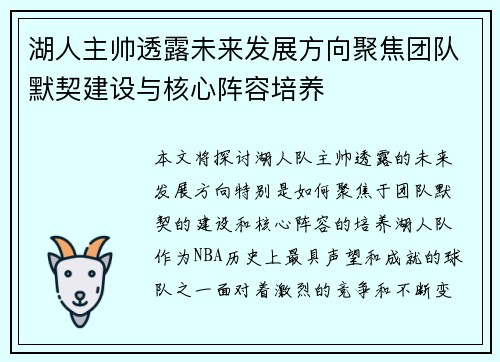 湖人主帅透露未来发展方向聚焦团队默契建设与核心阵容培养